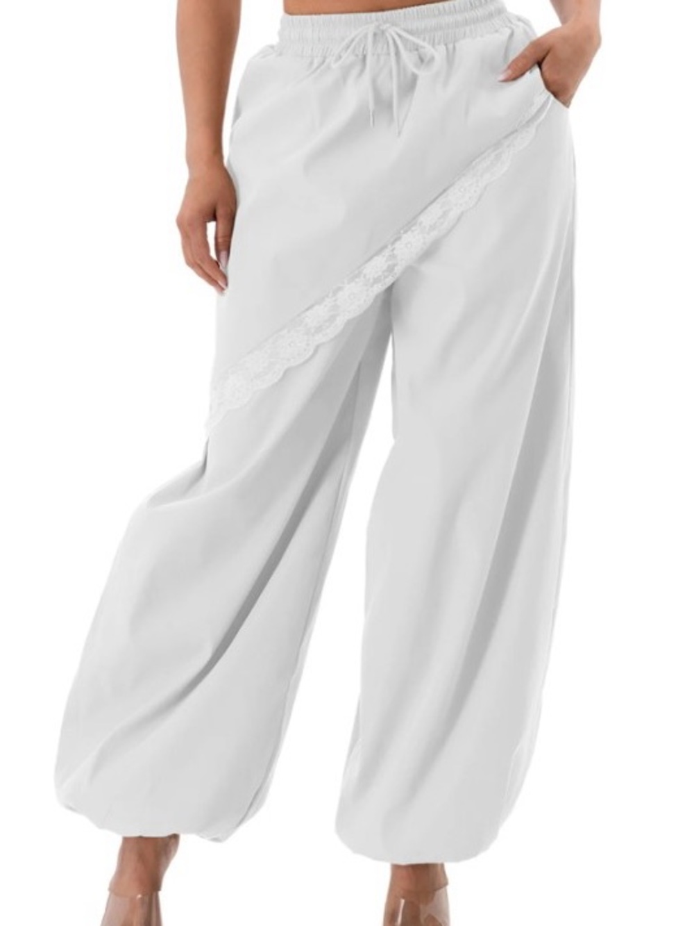 White Wide Leg Lace Trim Lounge Pants
